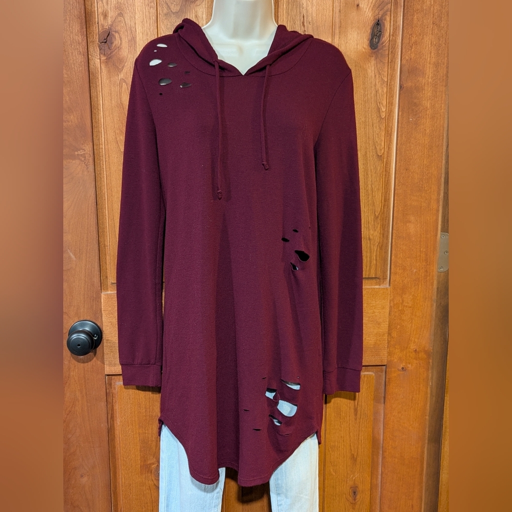 Black Bead Burgundy Distressed Tunic Hoodie